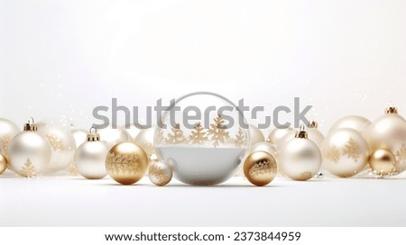 Christmas 3d white glass snow ball dome with white and gold christmas balls. Realistic white decorations for New Year winter background. minimalist design.
