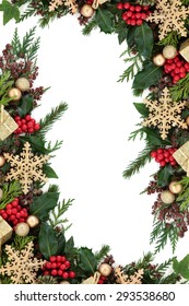 Christmas Abstract Background Border With Gold Snowflake Decorations, Round And Gift Box Baubles,  Holly, Ivy And Fir Over White.