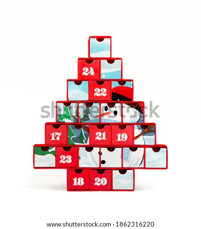 Christmas advent calendar with cute winter scene and snowman illustration. Red cardboard Xmas tree calendar with boxes to store small gifts. Concept for countdown to Christmas.