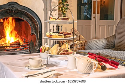 Christmas Afternoon Tea With Fireplace Background