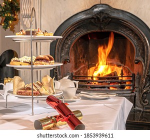 Christmas Afternoon Tea With Fireplace Background