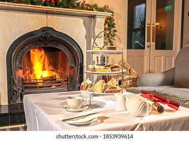 Christmas Afternoon Tea With Fireplace Background