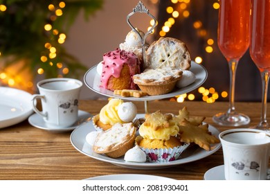 Christmas Afternoon Tea With Mince Pies, Cakes And Biscuits