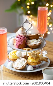 Christmas Afternoon Tea With Mince Pies, Cakes And Biscuits