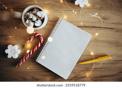 Christmas background with blank notebook, christmas decorations. Space for text. Christmas concept, preparation for xmas holidays, notepad for wish list, Santa letter. To do list with cocoa cup. - Powered by Shutterstock