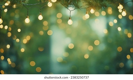 Christmas background with bokeh lights and christmas tree branches.