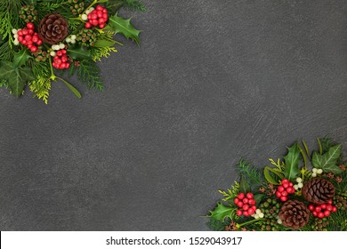 Christmas background border with winter flora and fauna of holly, mistletoe, ivy and cedar leaves on grunge grey background with copy space. - Shutterstock ID 1529043917