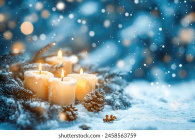 Christmas background with candles on a snow and bokeh - Powered by Shutterstock