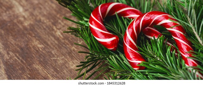 Christmas background with candy canes and fir tree branches on wooden table.  Top view xmas backdrop with space for your greetings.  Wide long banner.