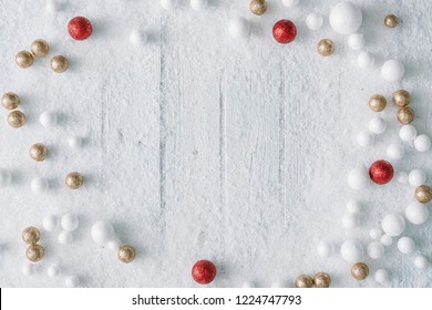 Christmas Background Composition With Snow And Decoration.New Year Flat Lay. Top View.