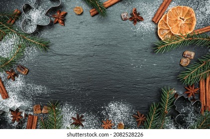 Christmas Background With Cooking Ingredients. Christmas Style. Shot From Above.