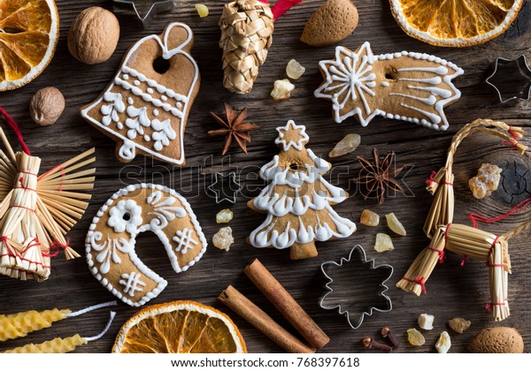 Christmas Background Decorated Gingerbread Cookies Straw Stock