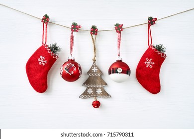 Christmas background. Christmas decoration on white background. Copy space.