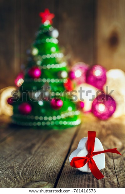 Christmas Background Decorations Heart Shaped Gift Stock Photo