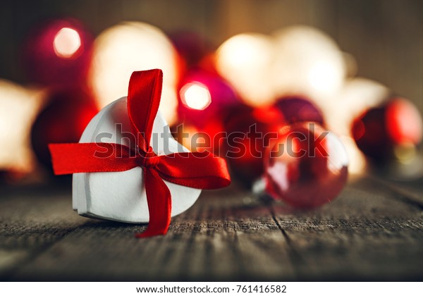 Christmas Background Decorations Heart Shaped Gift Stock Photo