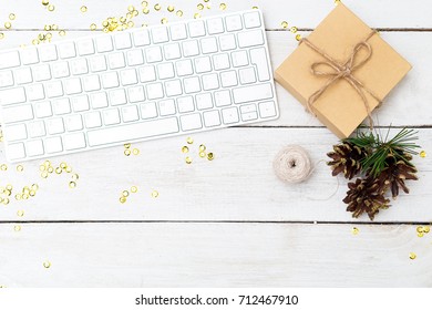 Christmas Background. Desktop With Keyboard And Christmas Decorations