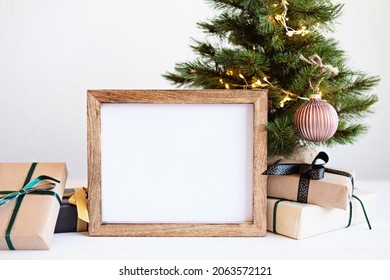 Christmas Background Empty Wooden Picture Frame Mock Up And Decoration. Winter Holidays Celebration Concept With Copy Space For Text. Mockup