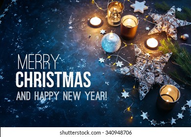 Christmas background with festive decoration  and text - Merry Christmas and Happy New Year.  - Shutterstock ID 340948706