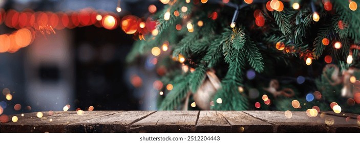 Christmas background with fir tree and illumination lights. Home decorated Christmas tree with garland and wooden background