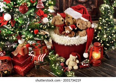 Christmas background with gift boxes under the Christmas tree and teddy bear decoration in rustic style interior - Powered by Shutterstock