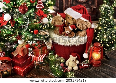 Christmas background with gift boxes under the Christmas tree and teddy bear decoration in rustic style interior