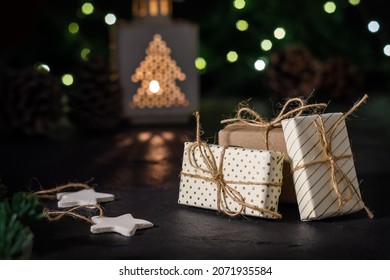 Christmas background with gifts, lantern, garland and Christmas decorations. - Powered by Shutterstock