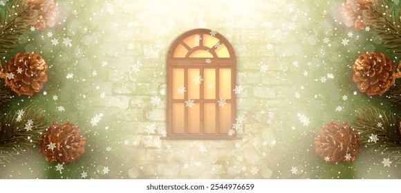 Christmas background with glowing cottage window, decorative fir tree branch and cones. New Year winter holidays fantasy cozy concept, snowy wide fairy tale banner, magic mysterious abstract card. - Powered by Shutterstock