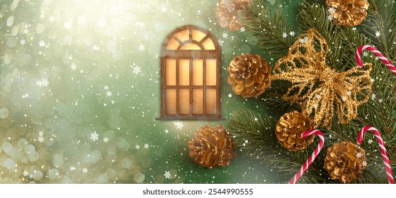 Christmas background with glowing cottage window, decorative fir tree branch, candy cane and cones. New Year winter holidays fantasy cozy concept, snowy wide fairy tale banner, magic abstract card. - Powered by Shutterstock