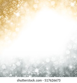 Christmas Background With Golden Glow Scattered On Top Border And Shiny Silver On The Bottom Decoration Over White With Copy Space For Your Greeting, Square Format