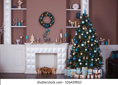 Christmas Background. Interior Room Decorated In Xmas Style. No People. New Year Tree And Fireplace