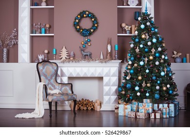 Christmas Background. Interior Room Decorated In Xmas Style. No People. New Year Tree And Fireplace