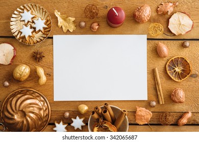 Christmas Background, Mockup, Postcard Or Website Header Design With Copyspace On Wooden Table