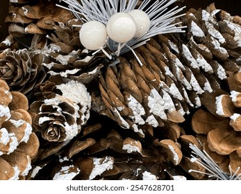 Christmas background, New Year background. Christmas decorations, pine cones, artificial berries, artificial snow. - Powered by Shutterstock