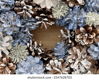 Christmas background, New Year background. Christmas decorations, pine cones, artificial berries, artificial snow. - Powered by Shutterstock