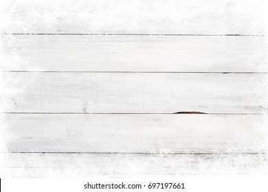 Christmas Background - Old White Wood Texture With Snow.  Top View, Border Design. Vintage And Rustic Style