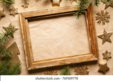 Christmas Background - Picture Frame, Tree, Stars And Snowflakes On Paper Sheet