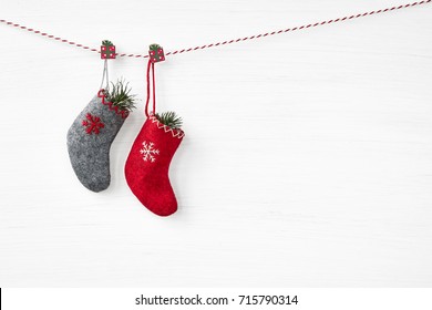 Christmas Background. Christmas Socks On White Background. Copy Space.