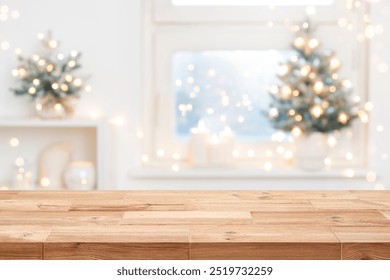 Christmas background table with copy space on blur decorated frosty window interior - Powered by Shutterstock