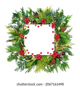 Christmas Background With Winter Holly, Greenery And Loose Red Berries. Abstract Square Border Composition On White. Design Element With Copy Space. Top View.