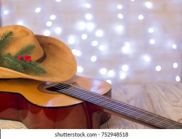 Christmas Background.Country Music With Acoustic Guitar And American Cowboy Hat