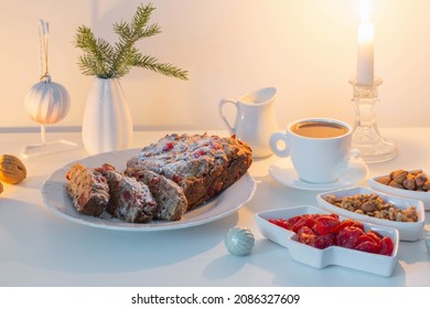 Christmas Baked Goods With Cup Of Coffee On White Table