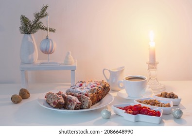 Christmas Baked Goods With Cup Of Coffee On White Table