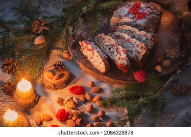 Christmas Baked Goods With Nuts, Candles, Fir Branchs