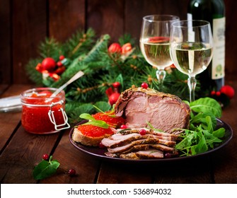 Christmas Baked Ham And Red Caviar, Served On The Old Wooden Table