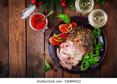 Christmas Baked Ham And Red Caviar, Served On The Old Wooden Table. Top View. Flat Lay