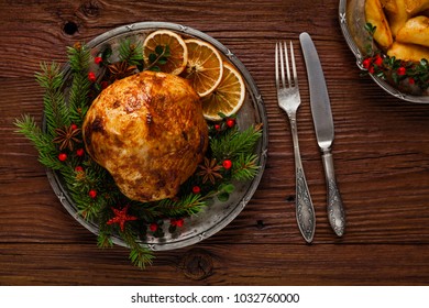 Christmas Baked Ham, Served On The Old Plate. Spruce Twigs All Around. Top View.