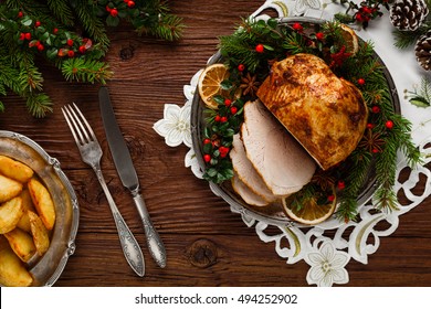 Christmas Baked Ham, Served On The Old Plate. Spruce Twigs All Around. Top View.