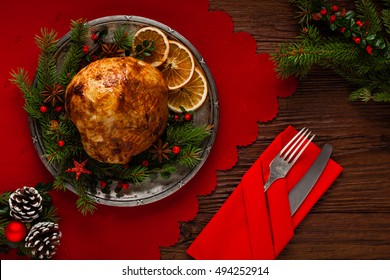 Christmas Baked Ham, Served On The Old Plate. Spruce Twigs All Around. Top View.