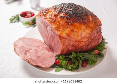 Christmas Bakedroasted Glazed Ham On A Table