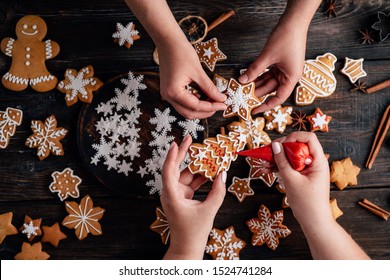 Christmas Bakery. Family Cooking Sweets, Decorating Traditional Gingerbread Cookies. Weekend Activities, Christmas And New Year Celebration Mood